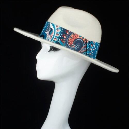 100% Wool Authentic Women White Fedora Hat With Retro Floral Satin Elegant Lady Dance Jazz Church Hat Fascinator Size 56-58CM