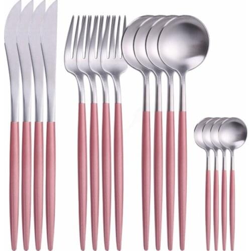 16Pcs Stainless Steel Pink Silver Dinnerware Set Knife Fork Spoon Wedding Cutlery Set Kitchen Dinner Tableware Set Eco Friendly
