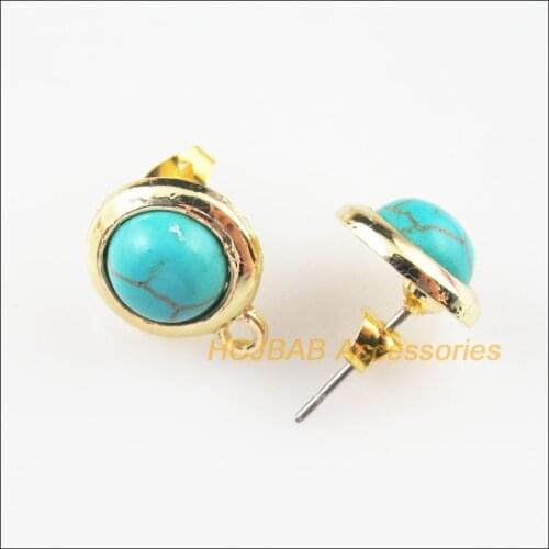 8 New Round Blue Stone Findings Wire Earrings Hooks Gold Color 11.5x14.5mm