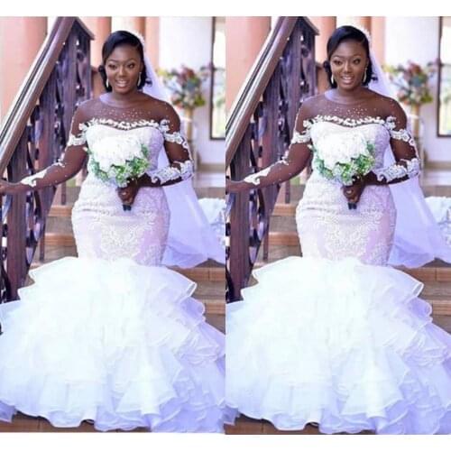African Nigerian Plus Size Lace Mermaid Wedding Dresses Sheer Neck Long Illusion Sleeve Organza Ruffles vestidos de novia Bridal