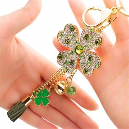 Lucky Four Leaves Clover Crystal Key Ring Chains Holder Tassel Bag Buckle Pendant For Car Keyrings KeyChains B027