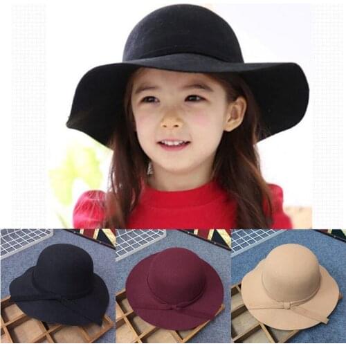 Kids Girls Hat Treasure British Small Pepper Wave Big Brim Hat Retro Bow Woolen Hat Autumn and Winter Headwear
