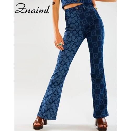 Znaiml 2021 Casual Flare Jeans For Women Female Fashion Plaid Print Patchwork Denim Pants High Waisted Trouser Harajuku Capris
