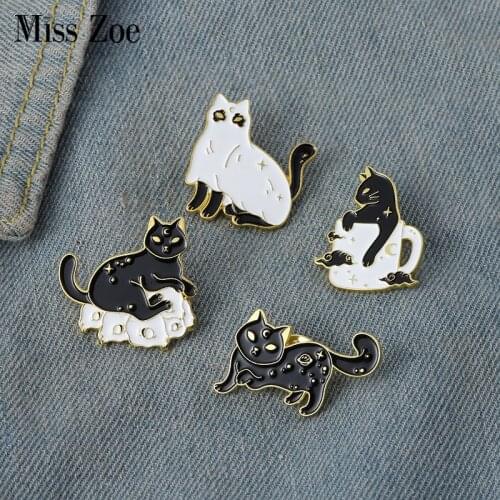 Ghost Cat Enamel Pins Custom Skeleton Stars Brooch Lapel Badge Bag Punk Black Jewelry Gift for Kids Friends