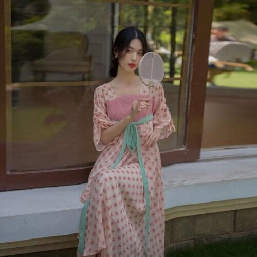 Chinese Dress Pink HanfuTang Dress Chinese Elements Women Floral Dress Sweet Big Swing Skirt Summer China Clothing