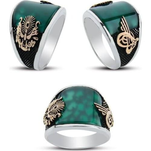925 sterling Silver the Ottoman State Crested Agate Gemstone Ring