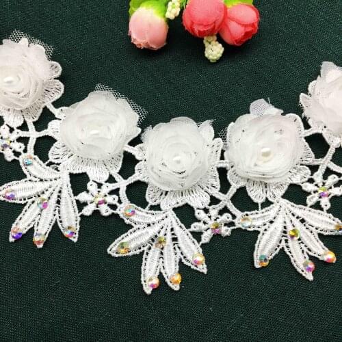 20x Pearl Rose Flower Diamond Lace Trim Embroidered Satin Ribbon Fabric Sewing Craft For Costume Wedding Dress Decoration 7.8cm