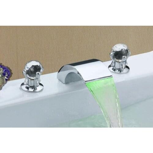 Copper led waterfall basin faucet cold and hot bath tub four piece set crystal handle