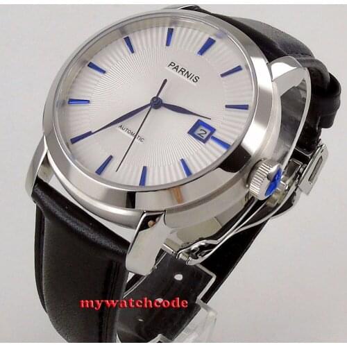 41mm Parnis white dial blue marks date Sapphire miyota Automatic mens watch P554