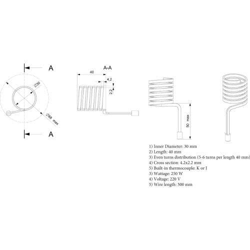 Dia.10.2x22mm Coil Heater Hot Runner Heater with J thermocouple 220v150w