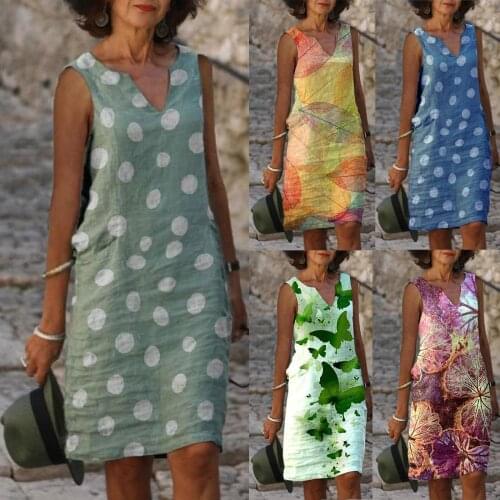 40# Vintage Women Tank Dress Casual Boho Print V-neck Big Swing Short Sleeve Loose Straight Dresses Sundress Dress 2021 Robe