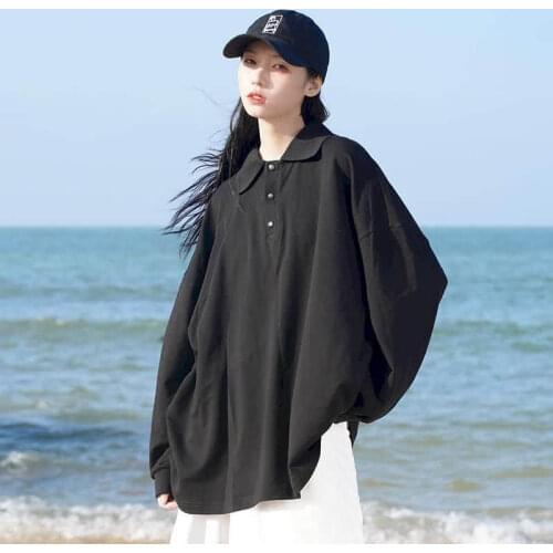 Long-sleeved POLO Shirt Korean thin sweatshirtwomens mid-length solid color Harajuku style loose pullover student simple top