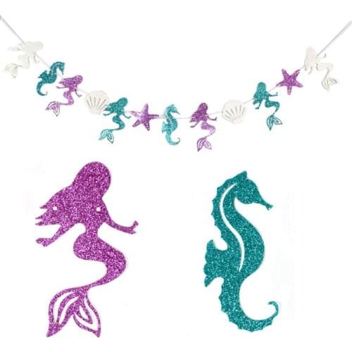 Mermaid Seahorse Starfish Shell Banner Hanging Flags For Mermaid Theme Birthday Party Decorations Kids Girl Favors