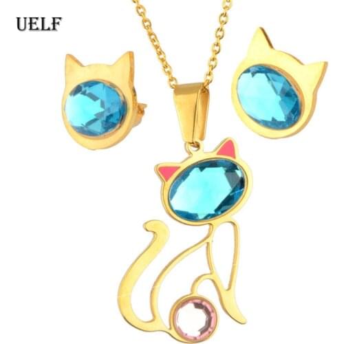 UELF Cute Cat Crystal Jewelry Set Stainless Steel Animal Pendant Necklace Earrings Set Best Friends Gift