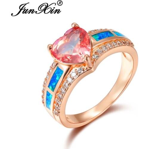 Vintage Female Crystal Heart Ring Blue Fire Opal Rings For Women White Rose Gold Rainbow Pink Champagne Zircon Wedding Ring CZ
