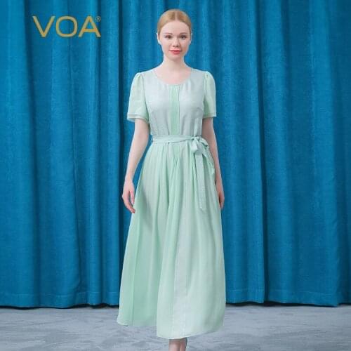 VOA Jacquard Silk Summer Womens Dress 2021 AE907 O-Neck Short Sleeve Fold Double Georgette Stitching Fresh Dresses for Women