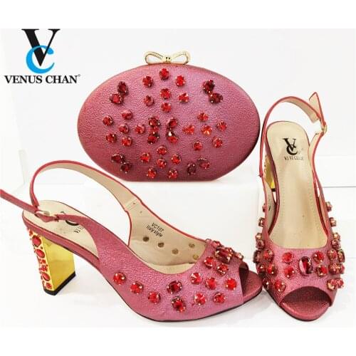 Lady Shoes and Bags to Match Red Color Nigerian Women Shoes Matching Bag Retro Italian Comfortable Heels Sandals for Wedding
