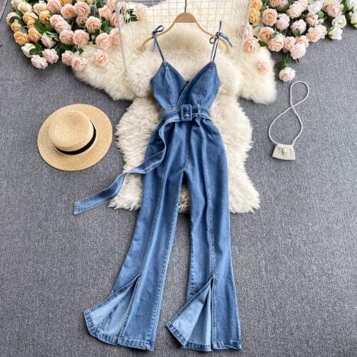 Women Jeans Jumpsuit Sexy V-neck Spaghetti Strap Belted High Waist Wide Leg Split Long Pants High Street Casual Denim Jumpsuit