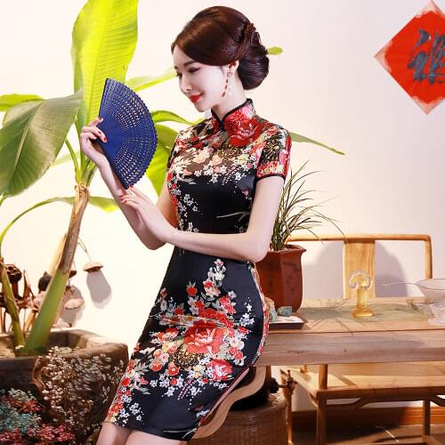 BLACK Print Flower Women Short Slim Cheongsam Sexy High Split Chinese Traditional Dress Plus Size Modern Qipao Vestidos S-6XL
