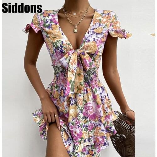Women Summer V Neck Print Dress Self-tie Knot Front Ruffles Dress Female Sexy Short A Line Party Vestidos
