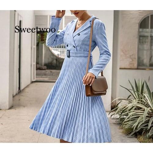 Winter Dress Pleated Belt Plaid A-line Vintage Women Office Blazer Long Dresses Ladies Autumn Party Shirt Dress Sexy