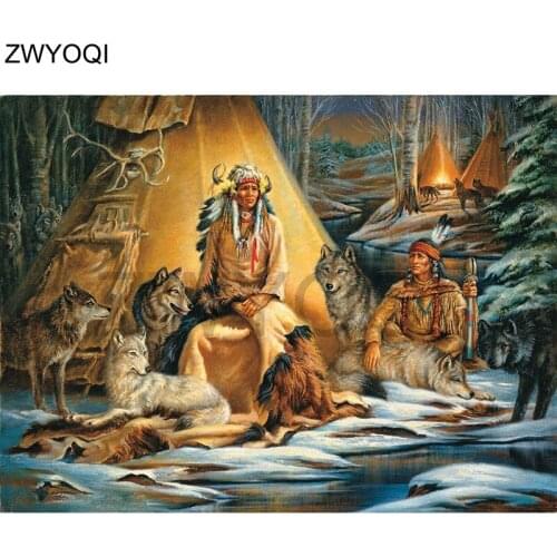 DIY Diamond mosaic forest Full Round Diamond embroidery Cross stitch Wolf feather Full Square Diamond painting Indians Snow Tent