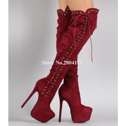 Brand Design Women Sexy Round Toe Suede Leather High Platform Over Knee Boots Side Lace-up Super High Heel Long Boots