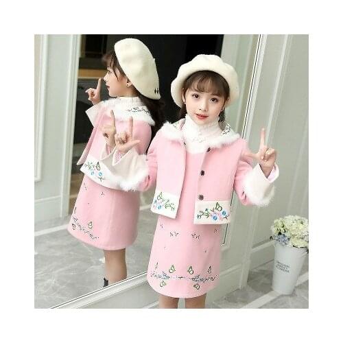 Children autumn and winter clothes girls woolen woolen dress suit girls baby fashion fashionable thick embroidery two-piece set