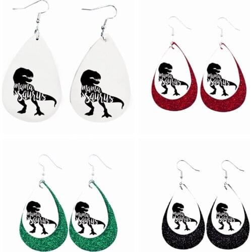 Mathers Day Two Layers Faux Leather Glitter Teardrop Momasaurus Earrings Bulk Wholesale