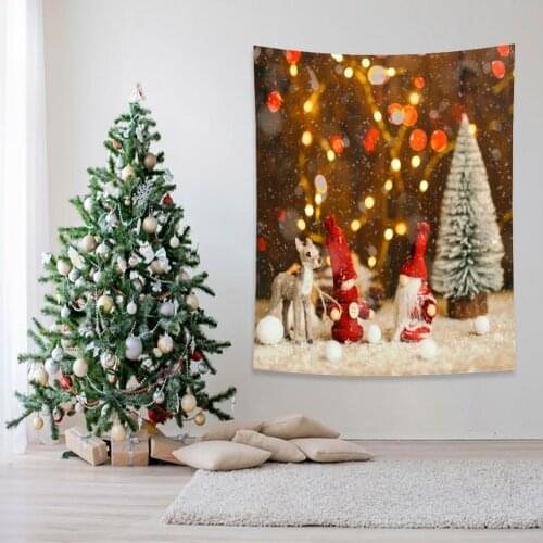 Tapestry Santa Claus and Pine Tree On Snow Bokeh With Light Romantic Christmas Scene Printed Red White Yellow