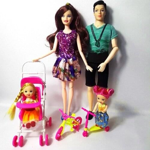 Girls Play House Toys Family 4 People Dolls Suits 1Mom/1Dad/2 Little Kelly Girl/1 Baby Carriage for barbie Gift,Fashion doll