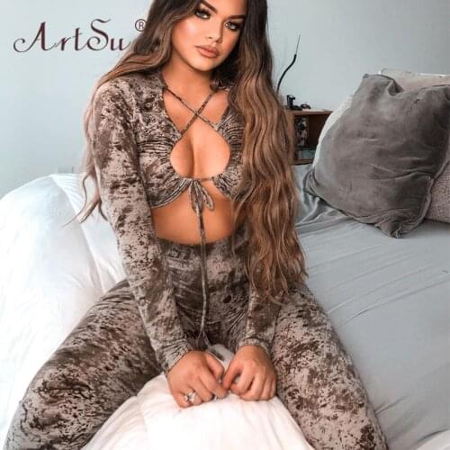 ArtSu Tie-Dye Print Hollow Out Sexy 2 Piece Set Women Elastic Matching Set Lace Up Crop Top Long Pant Set Sexy Club Outfits 2020