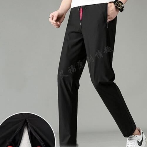 Summer Ice Silk Crotchless Erotic Casual Pants Men Sexy Double Zippers Outdoor Date Open Crotch Cool Trousers Clothes Plus Size
