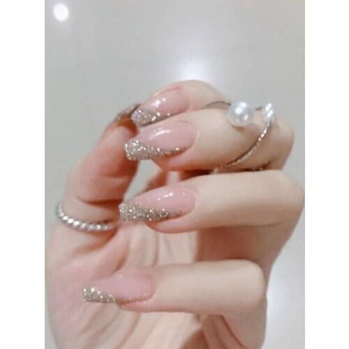 24pcs Glittery Nude False Nails Jelly Long Nail Piece Adhesive Flat Tip Removeable Manicure Patch Fully Covered Nail Decoration