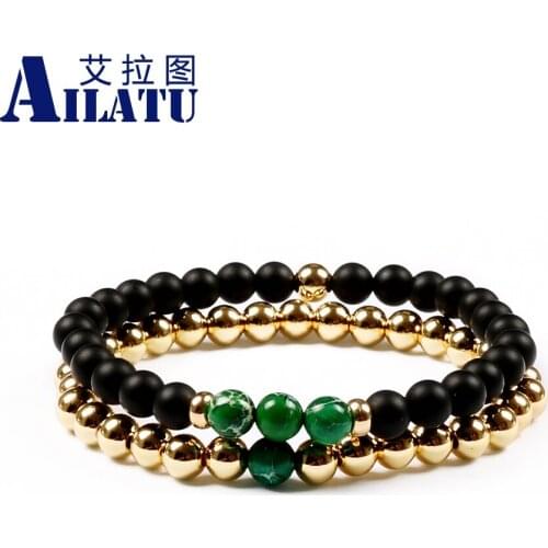 Ailatu New Design 6 mm Black Matte Onyx Stone & Versi color Succor Creek Stone withCopper Beads Couple Bracelets