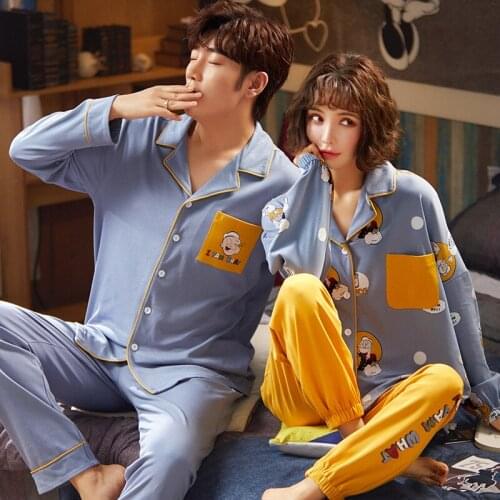 Spring Autumn Couples Long-Sleeved Trousers Cardigan Collar Nightie Home Service 100% Cotton WomenS MenS Pajamas Set Sleepwear