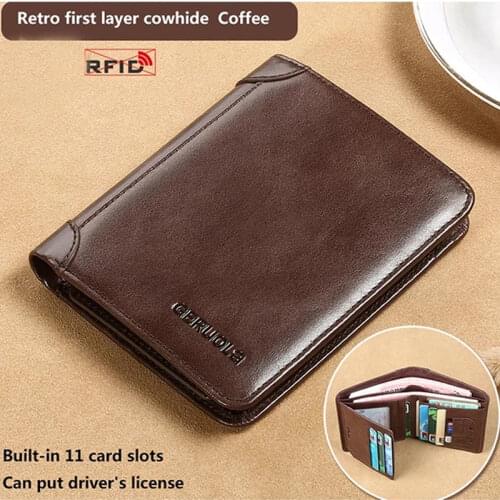 RFID Men Classic Style Fashion Genuine Leather Wallet High Quality First Layer Cowhide Short Purse Card Holder Wallet For Male