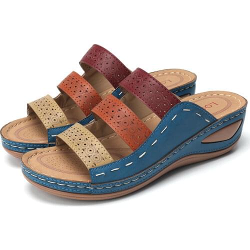 Sandals for women 2020 Three-color Stitching Color Casual Low Wedge Heel Beach Open Peep Sandals Slippers Shoes sandals women