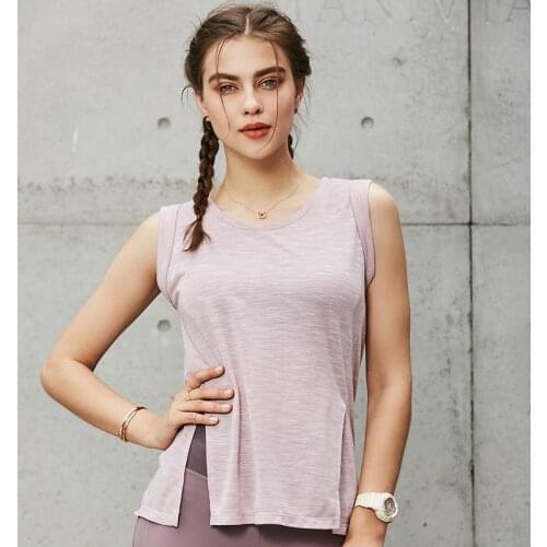 CretKoav Bottom Side Fork Opening Fitness Sport Vest Women Anti-Sweat Loose Yoga Shirts Stripe Quick Dry O-Neck Running Gym Top