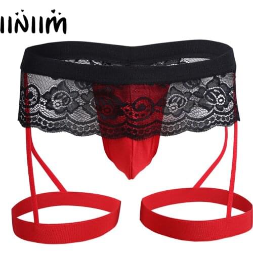 Sexy Men Lingerie Elastic Pouch Lace Thong Open Butt Erotic Panties G-string Pant Bikini Gay Underwear Underpants with Garter