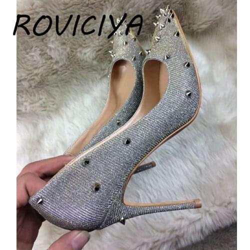 12cm Stilettos Silver Rivet Ladies Shoes party Wedding Shoes Women Pumps Pointed Toe Sexy MD016 ROVICIYA