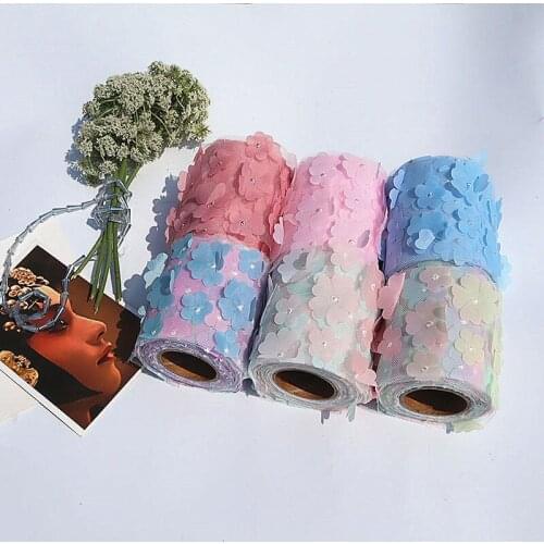 8cm 12cm Flower Embroidered Tulle Cherry Blossom Mesh Fabric Rainbow Color Ribbon DIY Handmade Craft Ornament Material Supplies