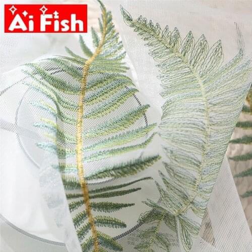 Green Leaf Embroidery Tulle Curtains for Living Room Bedroom Kitchen Modern Sheer Fabric Bay Window Nordic Home Decor M157-40