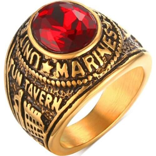 Vintage Gold Color Stainless Steel Red Stone Men Ring US Marines Punk Rock Ring Male Jewelry Gift