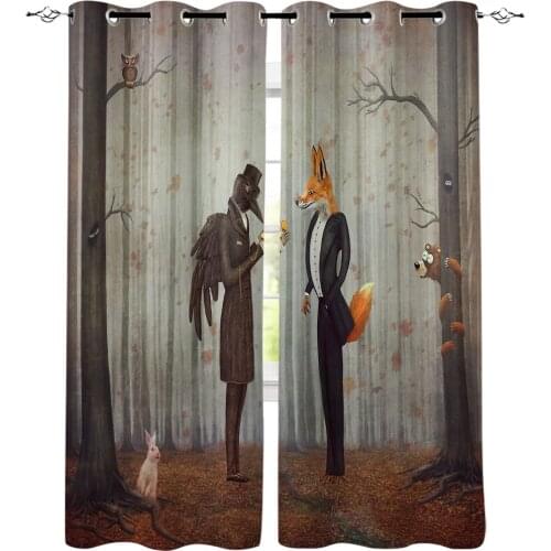 Mr. Raven And Mr. Fox Forest Animals Window Curtains LivingRoom Kitchen Curtains Left and Right Biparting Open