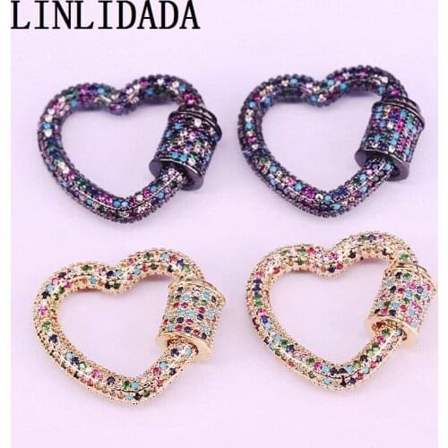 5Pcs 26*22mm Multicolor CZ Micro Pave Cubic Zirconia Clasp Heart Shaped Lock Carabiner Pave Lock Jewelry Findings