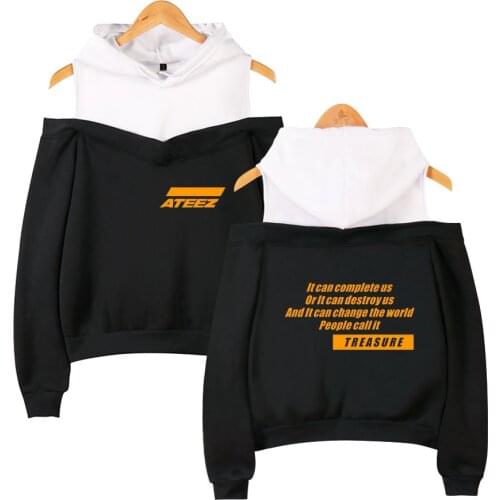 ATEEZ off shoulder hoody pattern printing Womens Fashion Casual Sweatshirt off-shoulder Hoodie sexy sweathirt