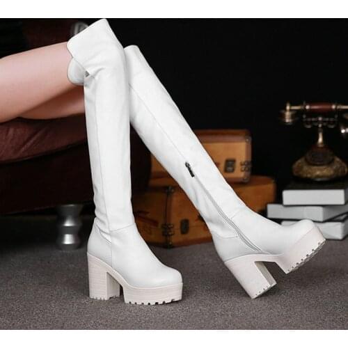Black White Platform Women Boots Fashion Thick High Heel Knee High Boots Autumn Winter Zipper Long Boots 2021