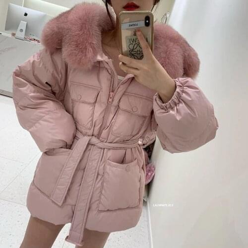 2020 New Real Fox Fur collars Womens Down Jacket with belt Winter coat Women Clothes 90% Duck Down Parka Female Chaqueta Mujer
