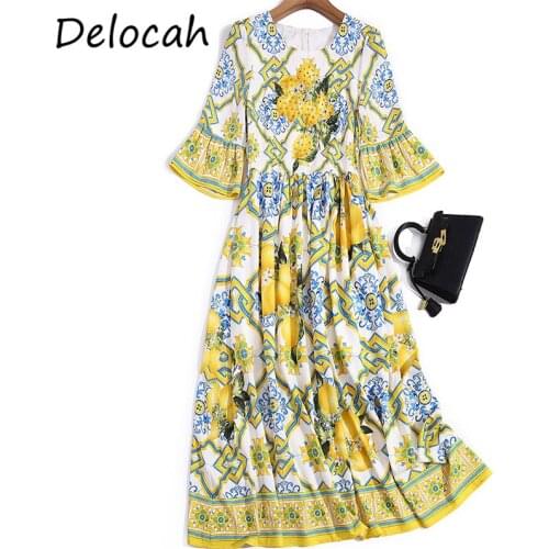 Delocah New 2021 Summer Women Fashion Runway Boho Holiday Maxi Dress Flare Sleeve Gorgeous Crystal Beading Printed Long Dresses